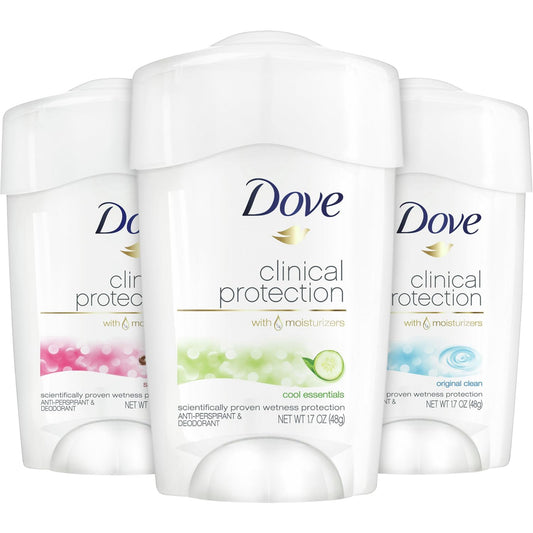 Dove Deodorant, Clinical Protection for Women, 3-Stick Variety Pack - Antiperspirant Deodorant with 48-Hours of Coverage, Moisturizing for Sensitive Skin, Scented, 1.7 OZ (3 Piece Set)