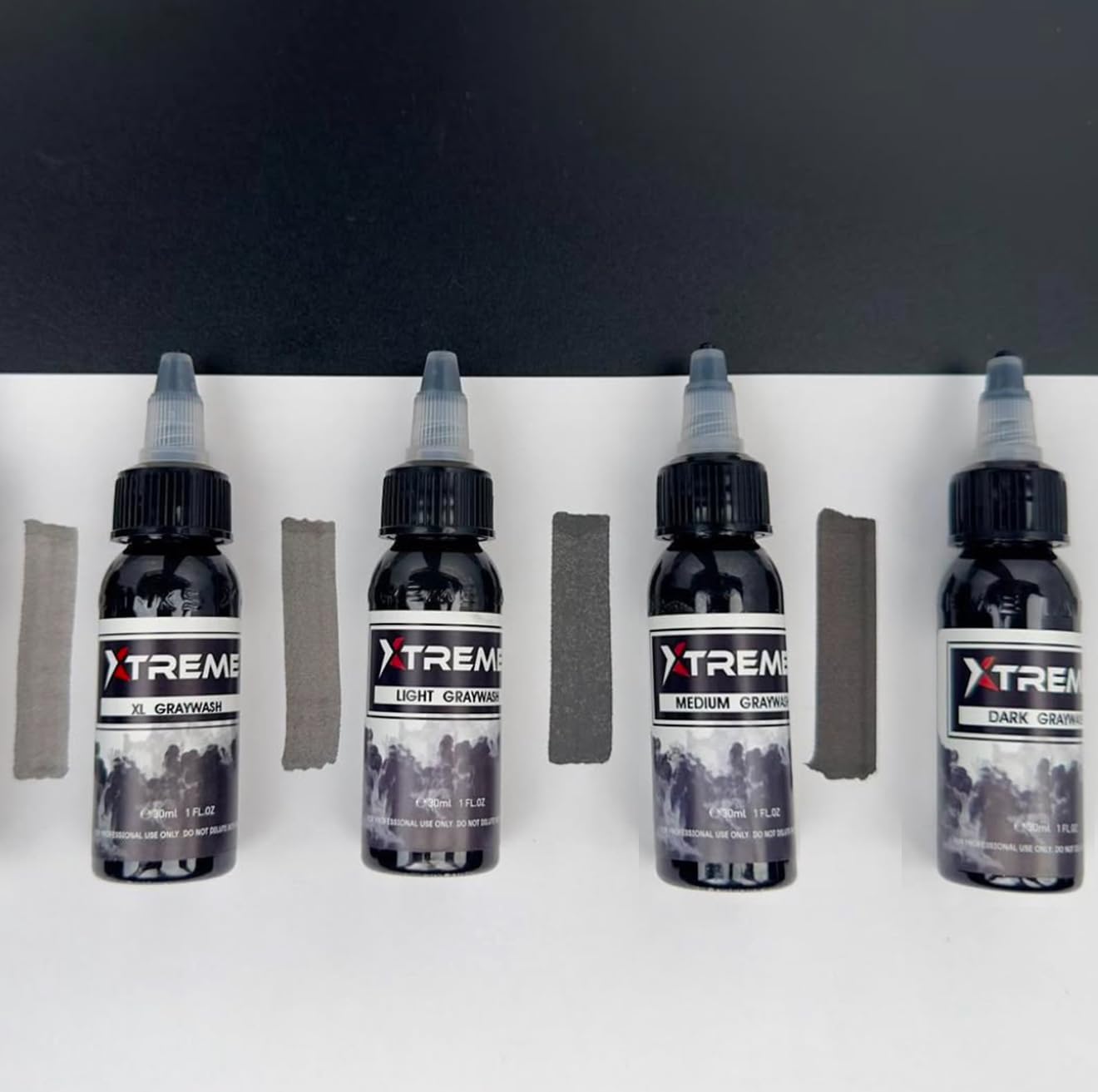 Xtreme Ink Greywash Set, Unleash Artistry with Subtle Shades, Extra Light, Light, Medium, and Dark Graywash, Ethical, Sterilized, and Ready-to-Use Tattoo Pigment Dispersion (Set of 4, 2 oz)