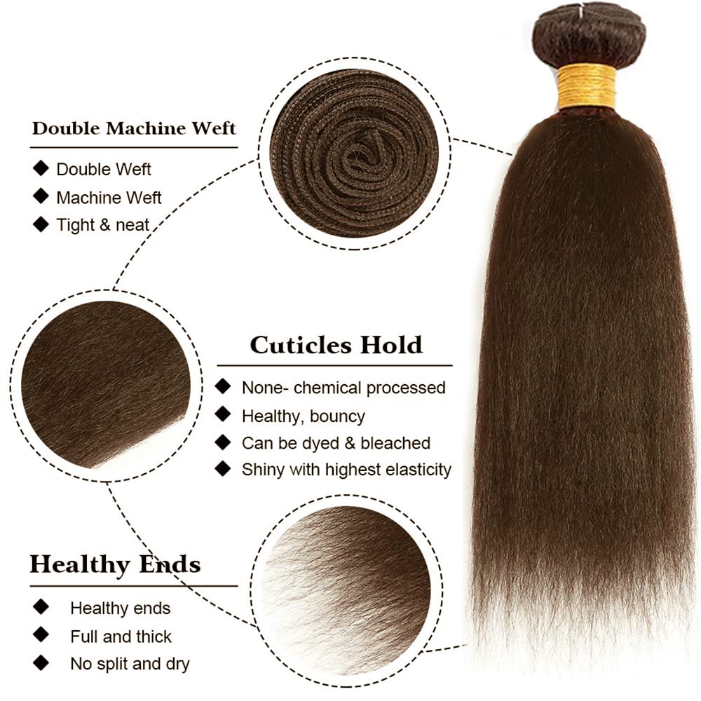 #4 Brown Bundles Human Hair Yaki Straight Human Hair Bundles 26 Inch Chocolate Brazilian Hair 1 Bundle Unprocessed Virgin Remy Hair Extensions 50 Gram Per Bundle