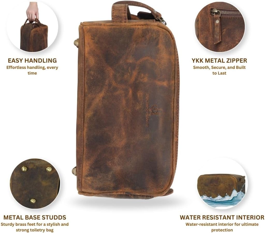 Toiletry Bag for Men - Genuine Leather Dopp Kit | Large Travel Organizer for Grooming Essentials in Distressed Brown