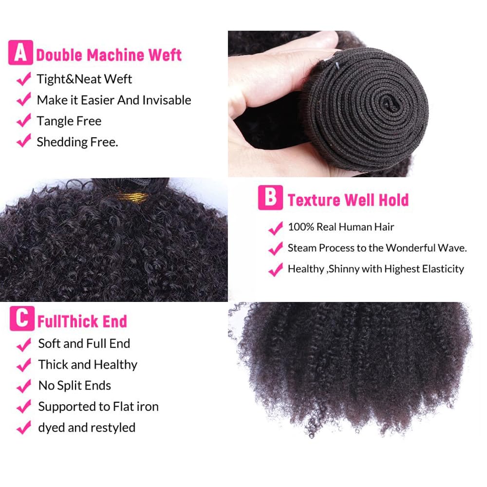 Mongolian Afro Kinky Curly Bundles Human Hair 8 10 12 Inch 4B 4C Afro Kinky Bulk Human Hair Bundles Unprocessed Virgin Hair Curly Weave Hair Bundles for Women Natural Black
