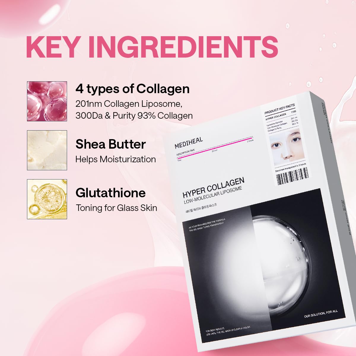 Mediheal Hyper Collagen - Collagen Real Deep Mask, Overnight Firming & Hydrating Gel Mask, Pore Appearance Refining, Plumping & Elasticity Care, Korean Skincare (4ea)
