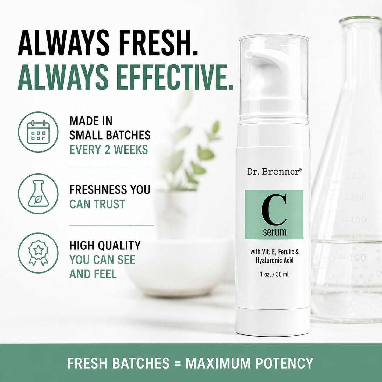 Vitamin C Serum 20% Pure L-Ascorbic Acid, Ferulic Acid, Vitamin E and Hyaluronic Acid for Face and Eyes Natural Anti Aging Anti Wrinkle 1oz. by Dr. Brenner
