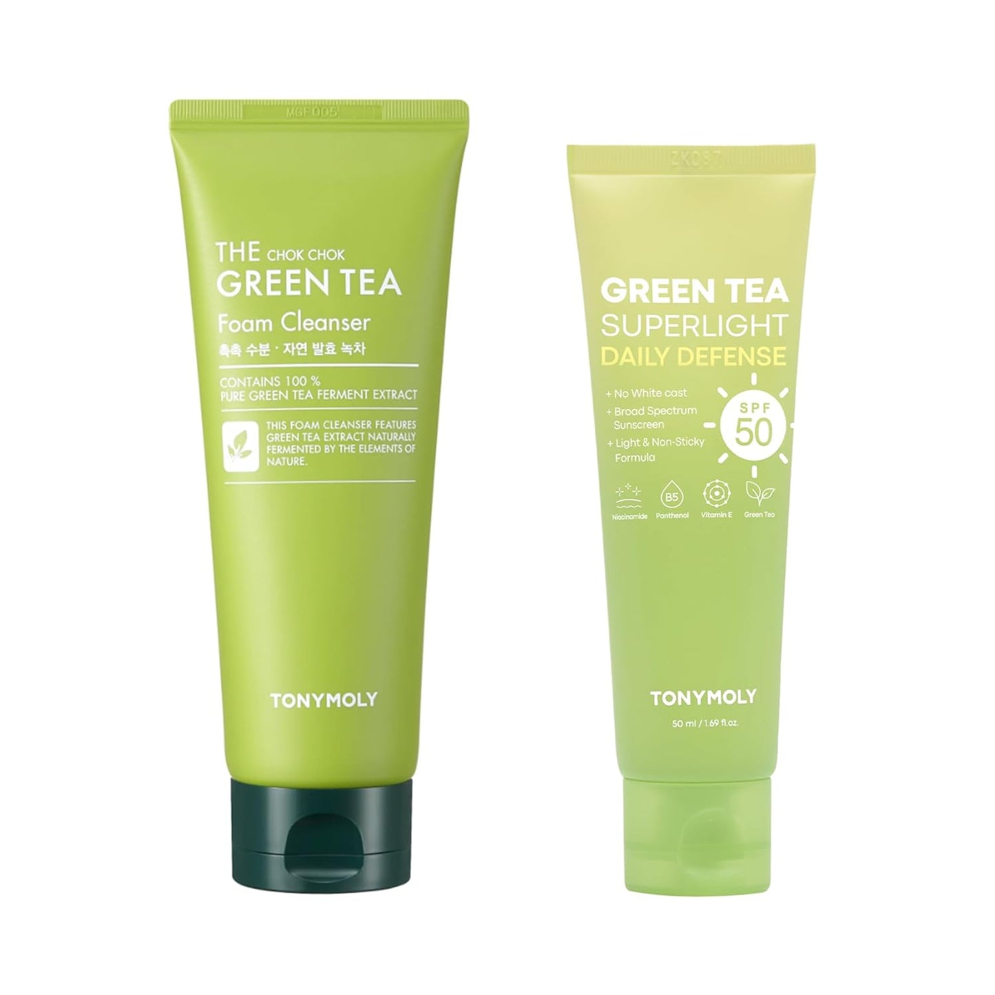 TONYMOLY Green Tea Sunscreen SPF 50 & Foam Cleanser Bundle - 50ml & 1 Count for Radiant Skin