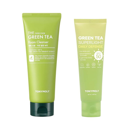 TONYMOLY Green Tea Sunscreen SPF 50 & Foam Cleanser Bundle - 50ml & 1 Count for Radiant Skin