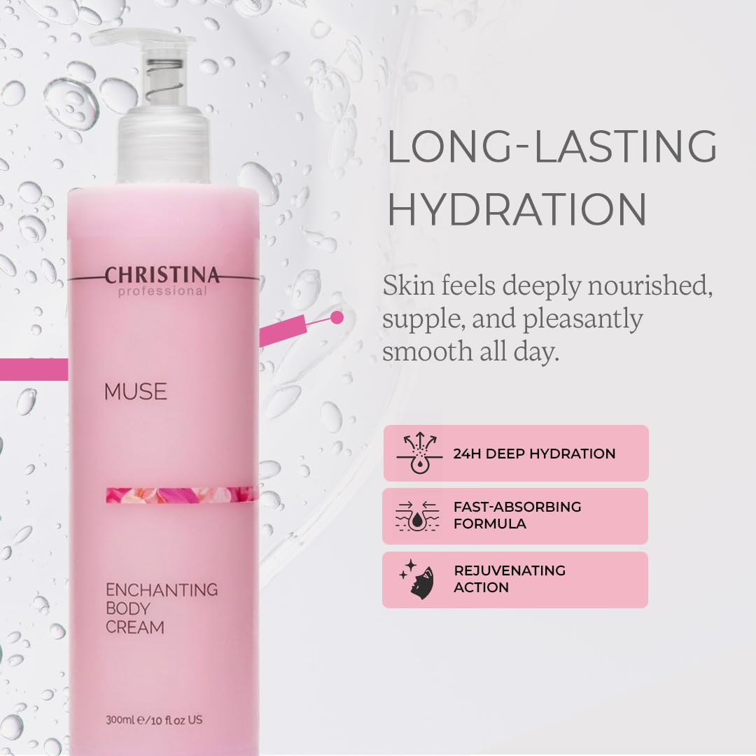 CHRISTINA Muse Enchanting Body Cream - Hyaluronic Acid Moisturizer for All Skin Types - Advanced Peptide Firming Toning Body Lotion with Rosa Gallica Extract - Scented Hydration Cream - 300ml