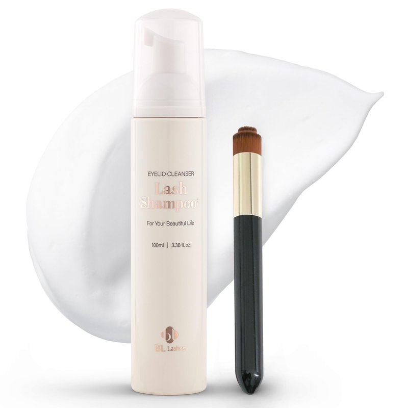 BL Lashes Lash Extensions Shampoo + Brush | 3.38 fl.oz, 100ml | Oil-Free Eyelash Cleanser & Foaming Eyelid Wash | Gentle Makeup Remover for Sensitive Eyes | Professional Use & Home Care