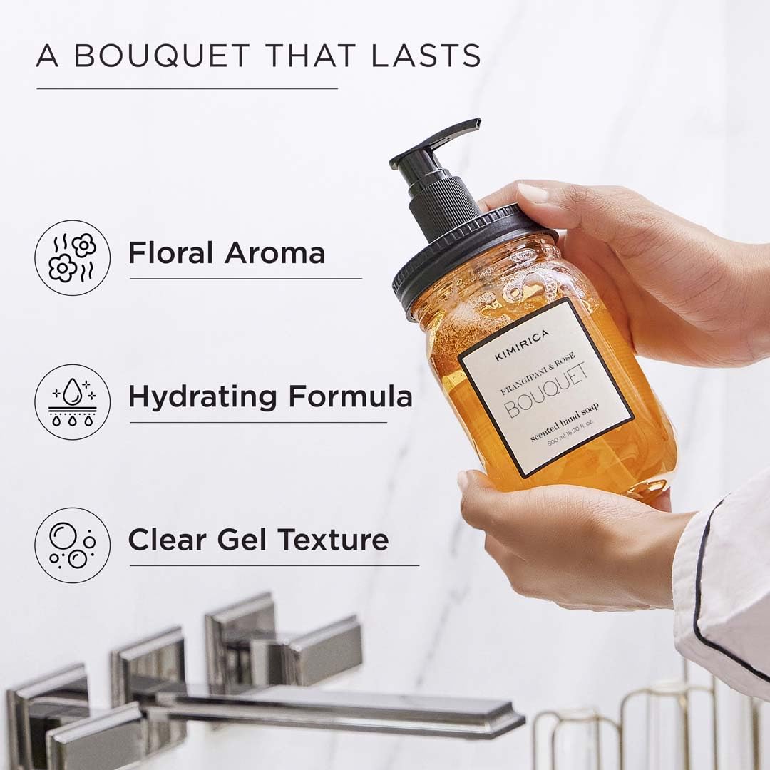 Kimirica Frangipani & Rose Scented Bouquet Hand Soap | Keep Hands Clean, Soft and Well Moisturized | Gentle, Natural & Plant Based Formula | 16.91 Fl Oz/500 ml