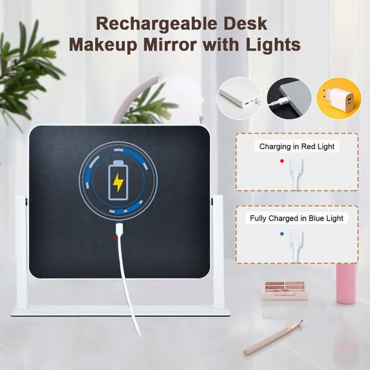 YEKKOPT Rechargeable Vanity Mirror with Lights, 14"×12" LED Makeup Mirror, Smart Touch Control, 3 Color Lighting with Adjustable Brightness,Cosmetic Mirror for Bedroom, Vanity Desk, Beauty Routine