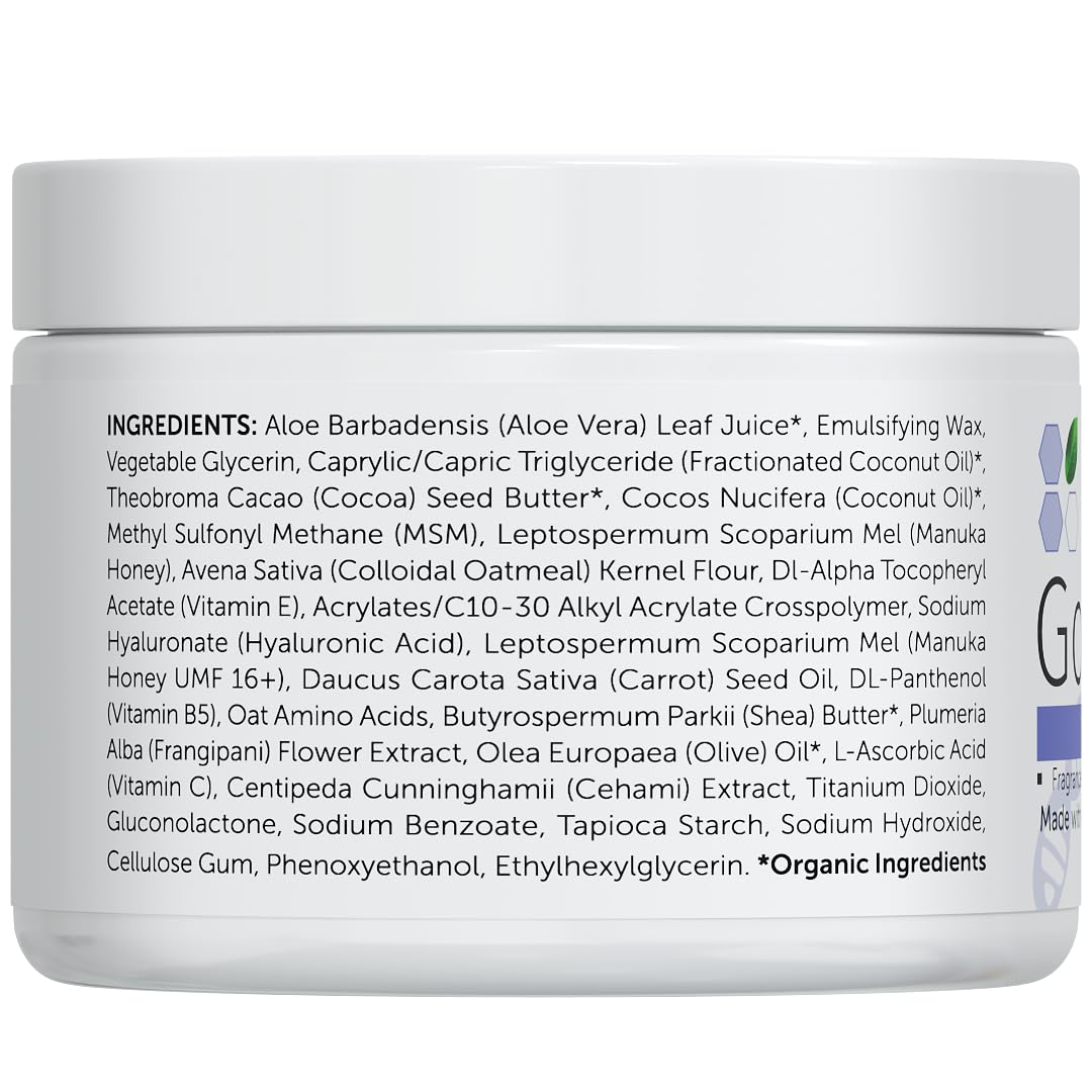 Manuka Honey Face Moisturizer with Coconut Oil, Cocoa Butter, Aloe Vera, Vitamin E and Vitamin C - Anti Aging and Skin Lightening Cream - Pore Minimizer and Whitening MSM Cream (8 oz) (8oz)