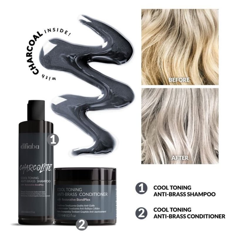 Charcolite Cool Toning Shampoo 250ml | Natural Anti-Yellow Shampoo with Activated Charcoal & Graphite | For Blonde, Bleached, Grey or Platinum Hair | Purple Shampoo Alternative | Sulfate-Free Toner