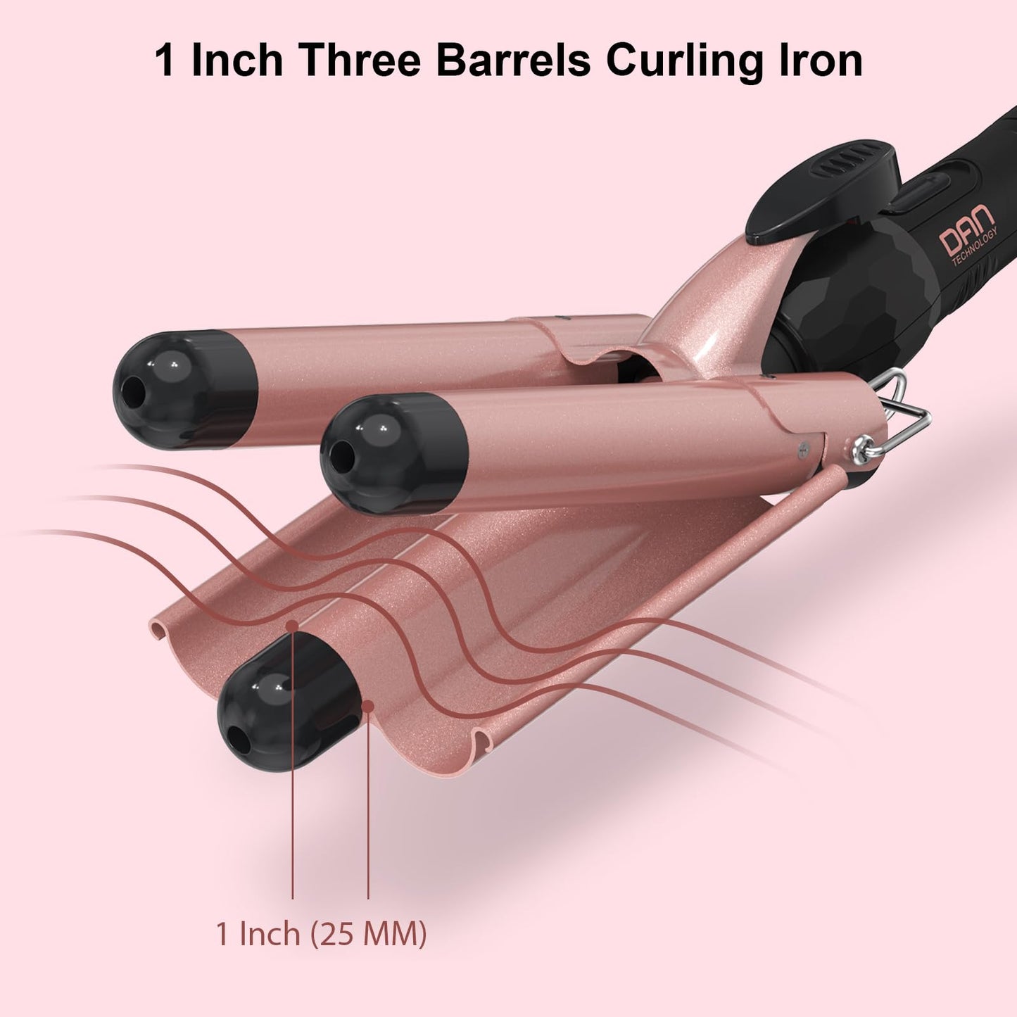 Hair Crimper 1 Inch, 2 Heat Settings 320°F/410°F, Ceramic Triple Hair Waver for Beach Waves, Dual Voltage 110-240V, Auto Shut-Off, Glove Included, Rose Gold