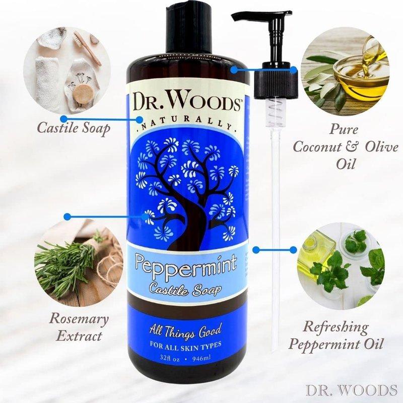 Dr. Woods Peppermint Liquid Castile Soap with Pump - Castile Soap with Pure Peppermint Oil, Body Wash for Men and Women, Contains Olive Oil, Natural Cleaner for Face, Hands, and Body - 32 Fl Oz