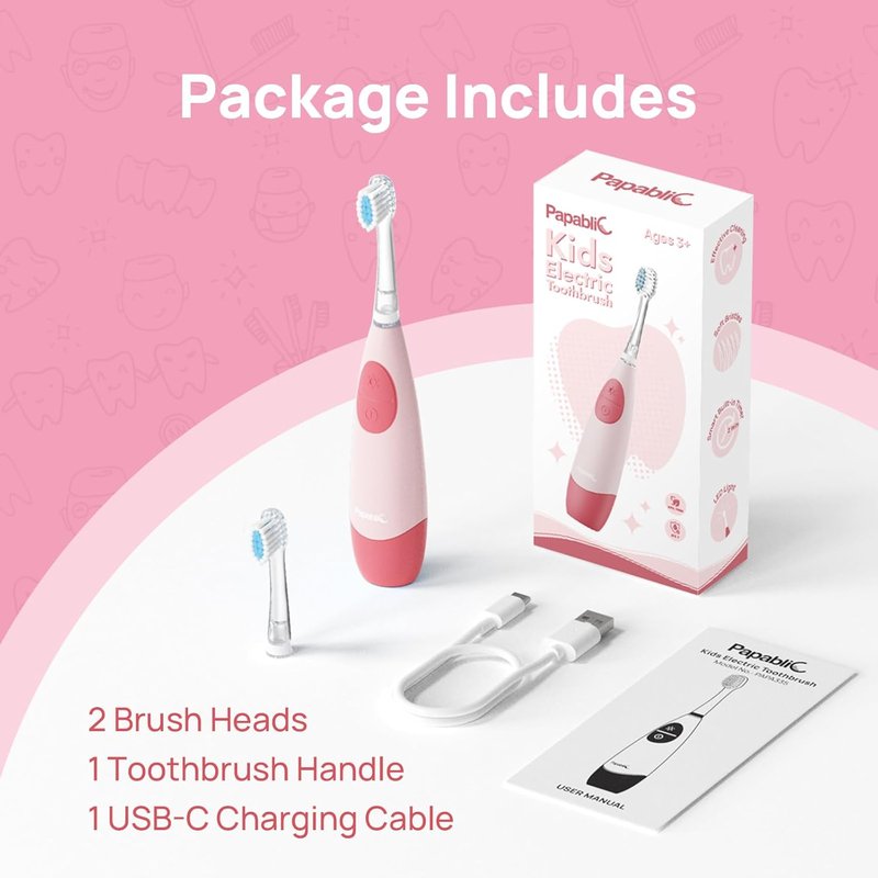 Kids Electric Toothbrush - USB Rechargeable with Smart Timer & LED Light | Pink, Ages 4+