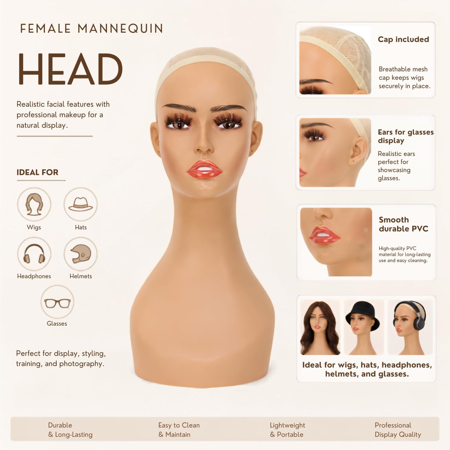 lightmay Female Life size Mannequin Wig Head with Shouolder for Wigs, Hats, Sunglasses Jewelry Display (color of skin, 17 inch)