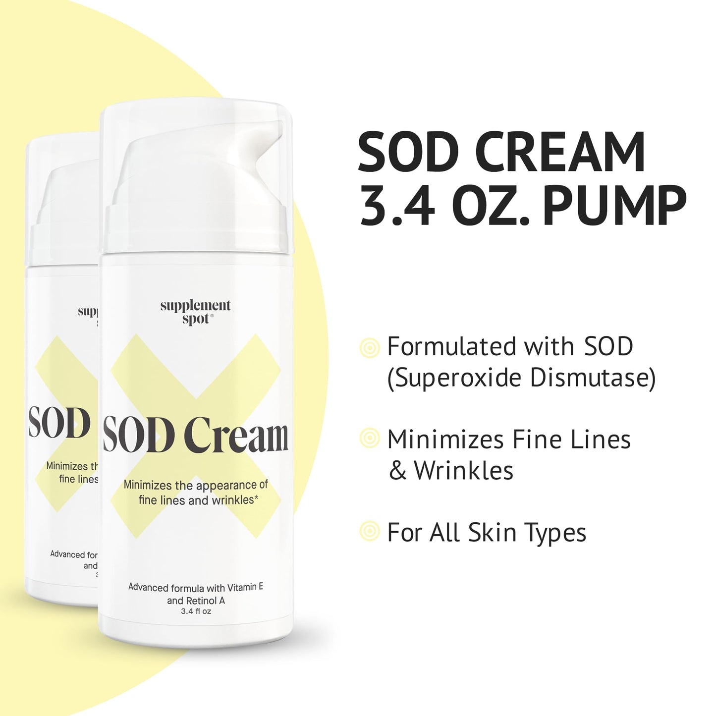 Supplement Spot Superoxide Dismutase (SOD) Anti-Aging Cream - Face Moisturizer for Fine Lines & Wrinkles, Smooth & Firm Skin, Youthful Glow, Antioxidant-Rich Skincare, (3.4 oz 2 Pack)