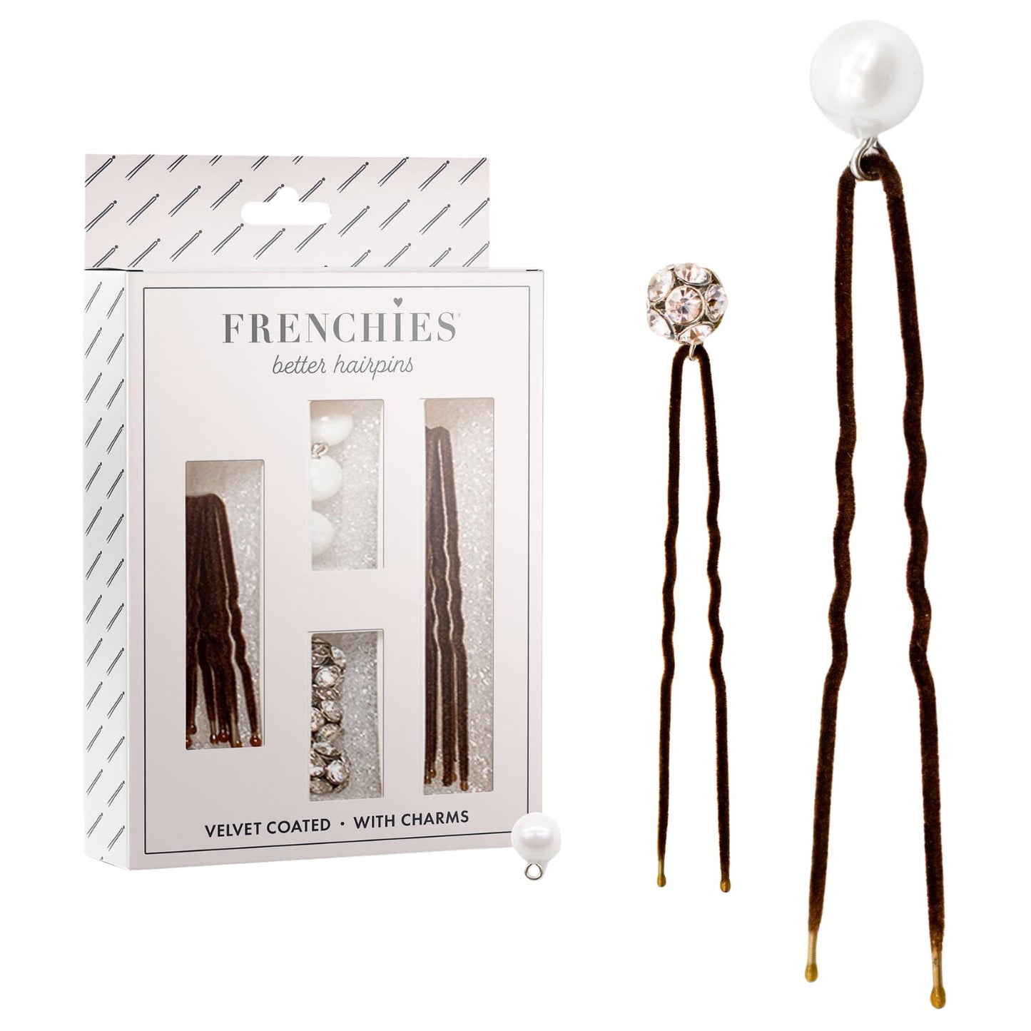 Frenchies French Twist Hair Pin, Velvet Coated Extra Soft French Hair Pins for Women, Wedding, Updo Extensions, or Wig, 6 Pearls + 6 Crystals, 20 Count (10 Lrg, 10 Sm), Brown