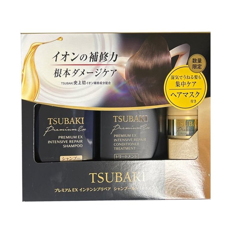TJ SIGNATURE TSUBAKI Premium EX Intensive Repair Shampoo and Conditioner Bundle - Black Series Hair Care Set for Damaged Hair (400ml+400ml) bundle with a hair tie