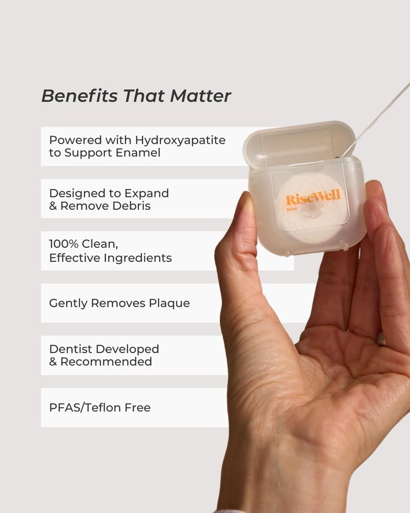 RiseWell Scrubby Tooth Floss - Natural PFAS-Free Dental Floss with Hydroxyapatite & Xylitol | Vegan Mint Waxed, 30 Yards
