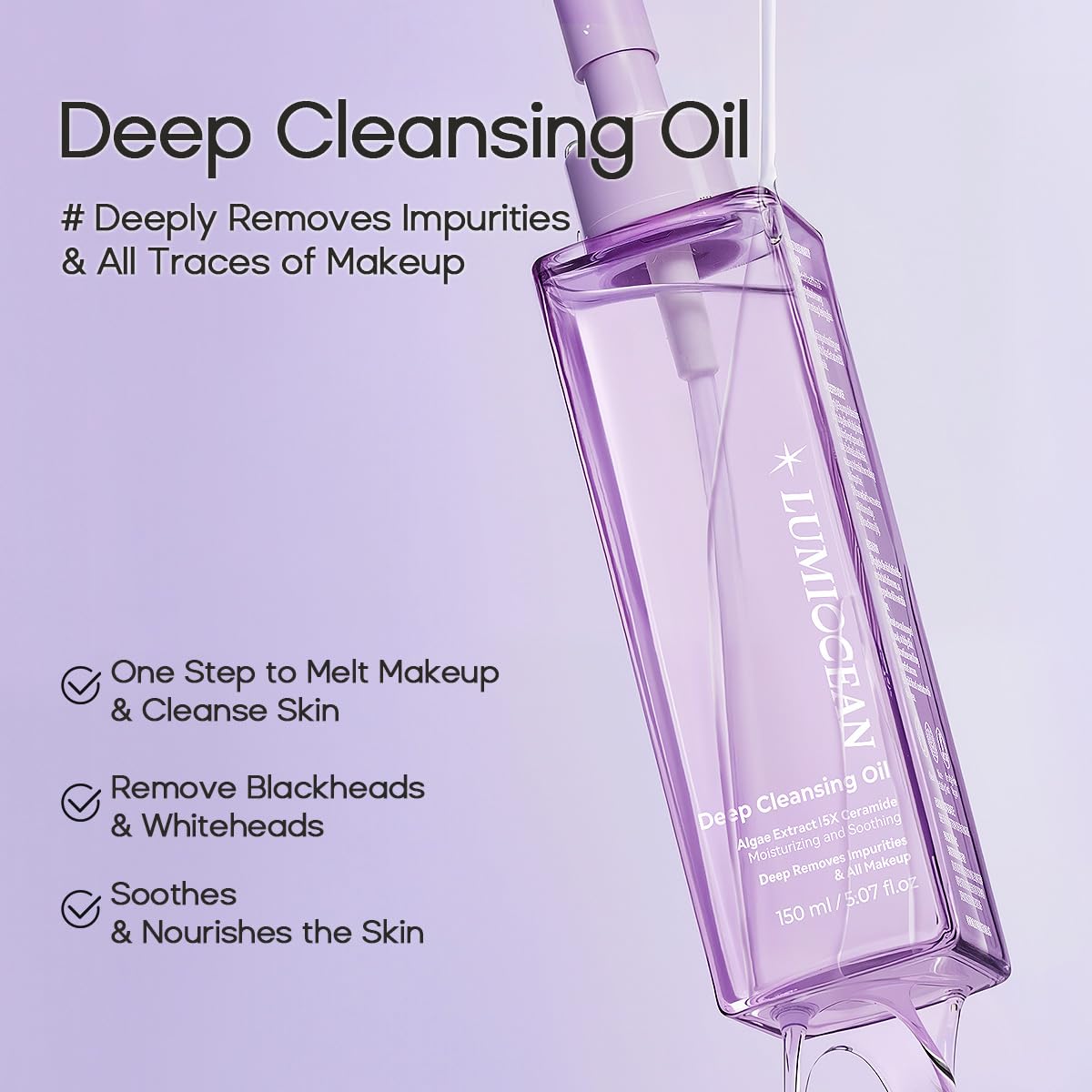 LUMIOCEAN Deep Cleansing Oil, Makeup Remover for All Skin, Facial Oil Cleanser, Makeup Blackhead Remover, Gentle and Non-irritating, 5.07oz