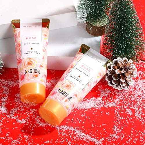 Spa Luxetique Gifts for Women - 10pc Rose Spa Basket, Deluxe Spa Tote Bag Bath Set with Wooden Handle, Bath Salt, Hand Soap, Body Butter, Christmas Gifts for Women