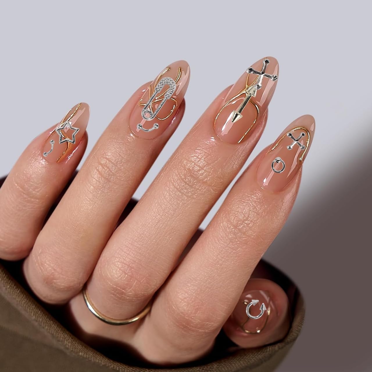 120 Silver Star Nail Charms - Gold Rivets Cross Nail Charms - 3D Crystal Nail Art, Y2k Retro Nail Rrt Cross Charm for DIY Designs Supplies B