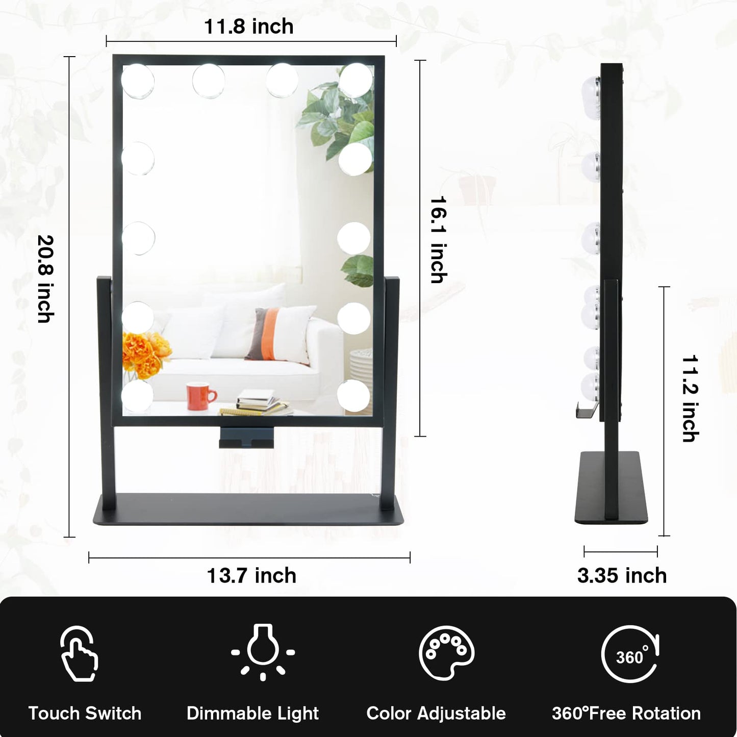 BWLLNI Lighted Makeup Mirror, Vanity Mirror with Lights, Hollywood Vanity Mirror with 9 Dimmable Bulbs Lights, 3 Lighting Modes, Detachable 10X Magnification Mirror, Smart Touch Control, 360°Rotation