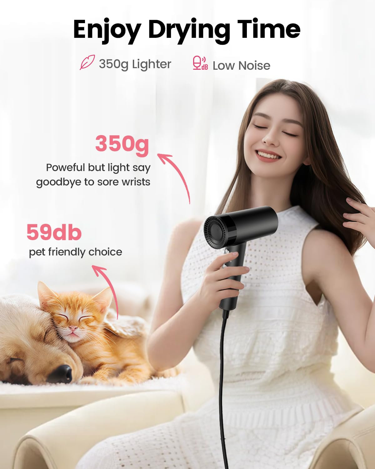Dekuri Hair Dryer, 110,000 RPM High-Speed Fast Drying Blow Dryer, 200 Million Ionic Lightweight Hairdryer with Diffuser, Magnetic Nozzle, 4 Temps & 2 Speeds, Low Noise for Women & Men, Black