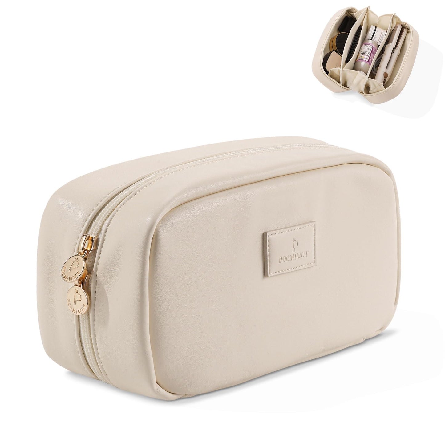 Pocmimut Makeup Bag,2 Pack Open Flat Small Makeup Pouch with Large Cosmetic Bag Travel Essentials Organizer with Divider,Beige