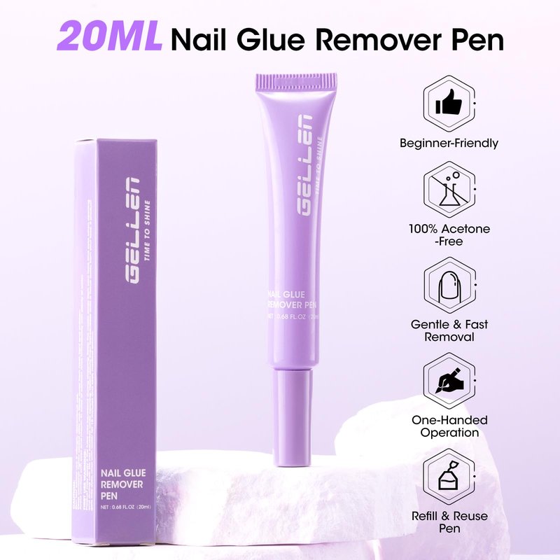 Gellen Nail Glue Remover, 20ml Nail Glue Remover for Press ons, Multi-Functional Glue Remover Pen for Fake Nail Tips, Non-Acetone & Safe & Fast Removal for Quick Dry Nail Polish Nail Glue