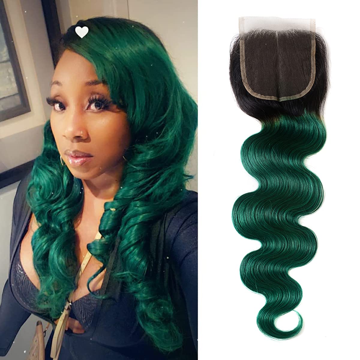 SEXAY Green Lace Closure Body Wave Brazilian Virgin Human Hair Extensions Ombre Free Part Closure Pre Plucked With Baby Hair For Black Women 1B/Green Color(14 inch)