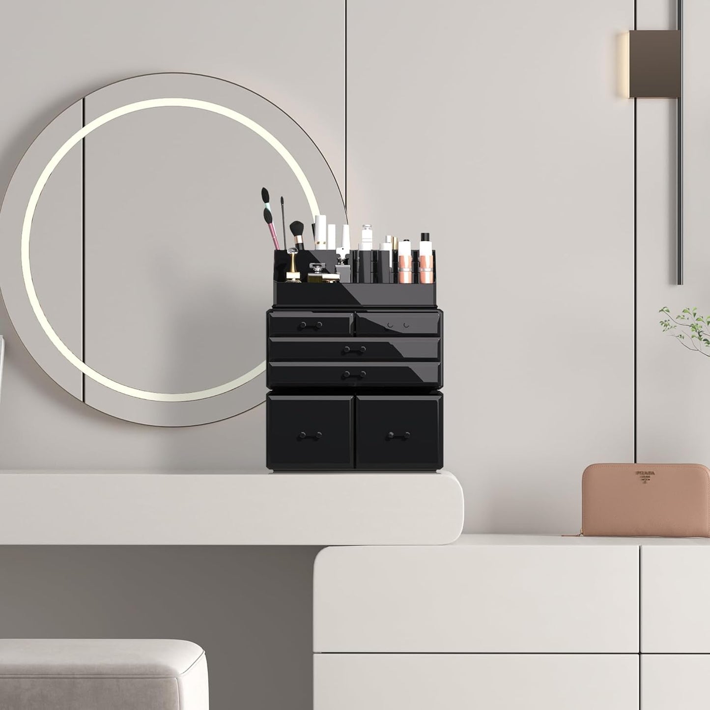 Makeup Organizer - 3-Piece Cosmetic Storage Case with 6 Drawers | Black