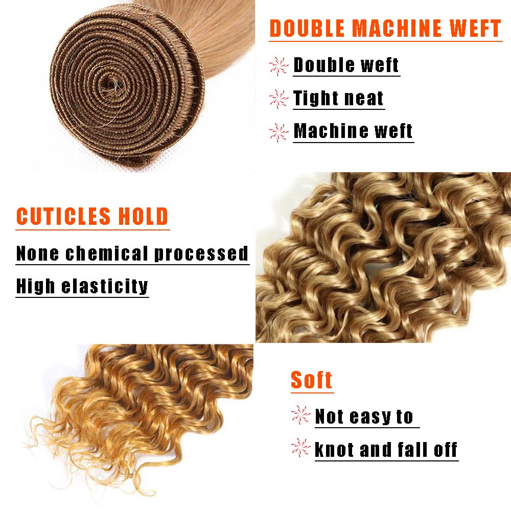 Deep Wave Human Hair Bundles Blonde 26 Inch Deep Single Bundle #27 Honey Blonde Human Hair Unprocessed Native Virgin Hair 100g Total Double Weft Crochet Human Hair Extensions for Women