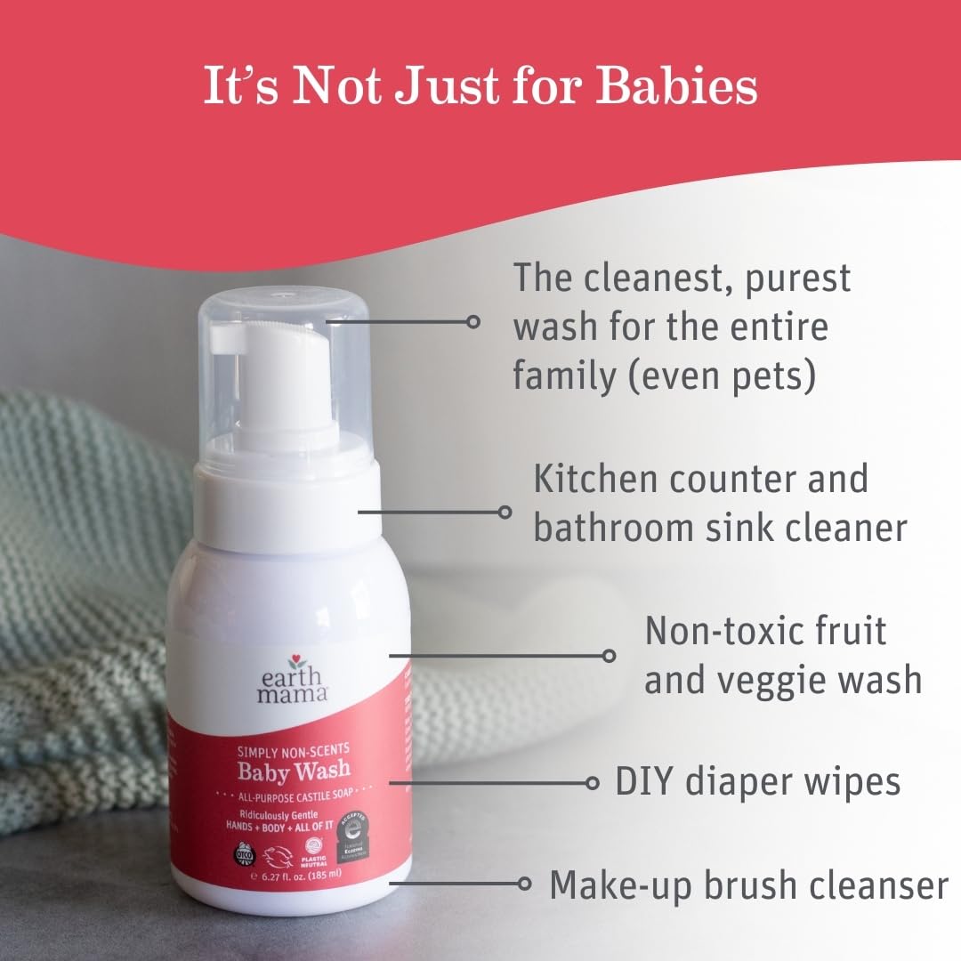 Earth Mama Simply Non-Scents Baby Wash Foaming Hand Soap, All-Purpose Fragrance Free Body Wash for Sensitive Skin, Castile Soap with Coconut Oil, Shea Butter, Calendula, & Aloe, 6.27 fl oz
