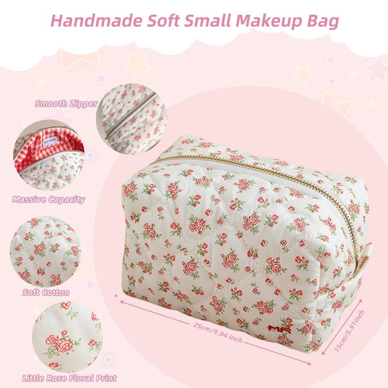 MIROSIE 2-Piece Handmade Cotton Quilted Makeup Bag Set, Floral Cosmetic & Skincare Organizer Zippered Pouch for Women & Girls, Travel Toiletry Bag for Essentials,Rose