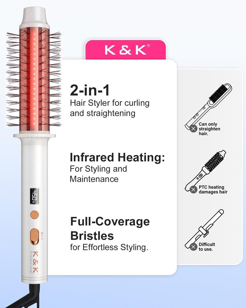 K&K Infrared Thermal Brush - 1.5 Inch Ceramic Tourmaline Heated Round Brush for Effortless Blowout Styles