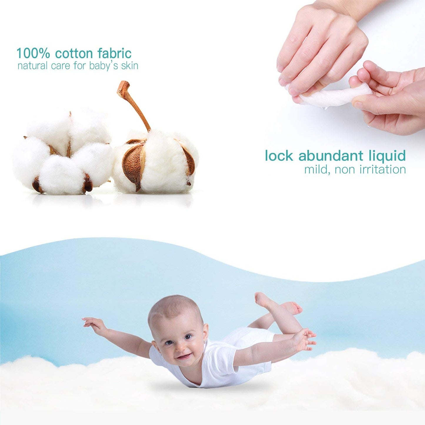 Unscented Baby Saline Wet Wipe, 100% Cotton & Silicone Foam Dressing with Border Adhesive Waterproof