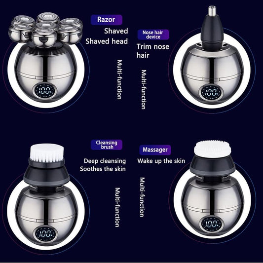 Upgrade 5-in-1 Electric Head Shaver for Men, LED Display, Multifunctional Cordless IPX7 Waterproof Rotary Grooming Kit