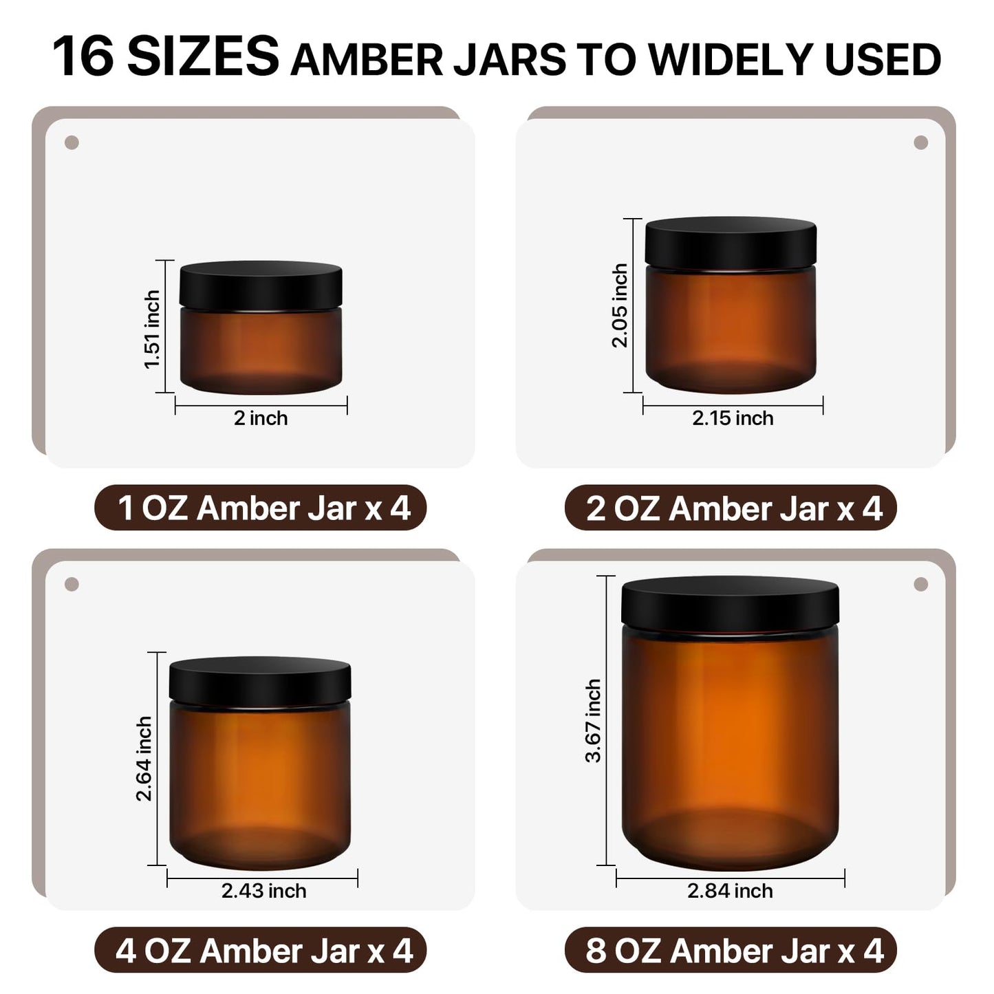 Amber Glass Jars with Lids, 8oz 4oz 2oz 1oz Glass Cosmetic Jars with Inner Liners, Labels & Spatulas, Reusable Lotion Containers for Creams, Body Butter, Scrubs, DIY Cosmetics – 16 Pack
