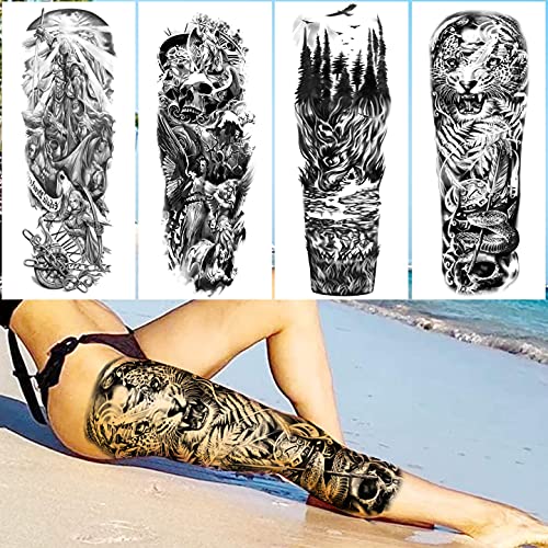 20 Sheets Extra Large Full Arm Temporary Tattoos For Men Adults, Tiger Snake Leopard Lion King Temporary Tattoos Sleeve For Women, Temp Waterproof Fake Tattoo Stickers For Kids Warrior Tatoos