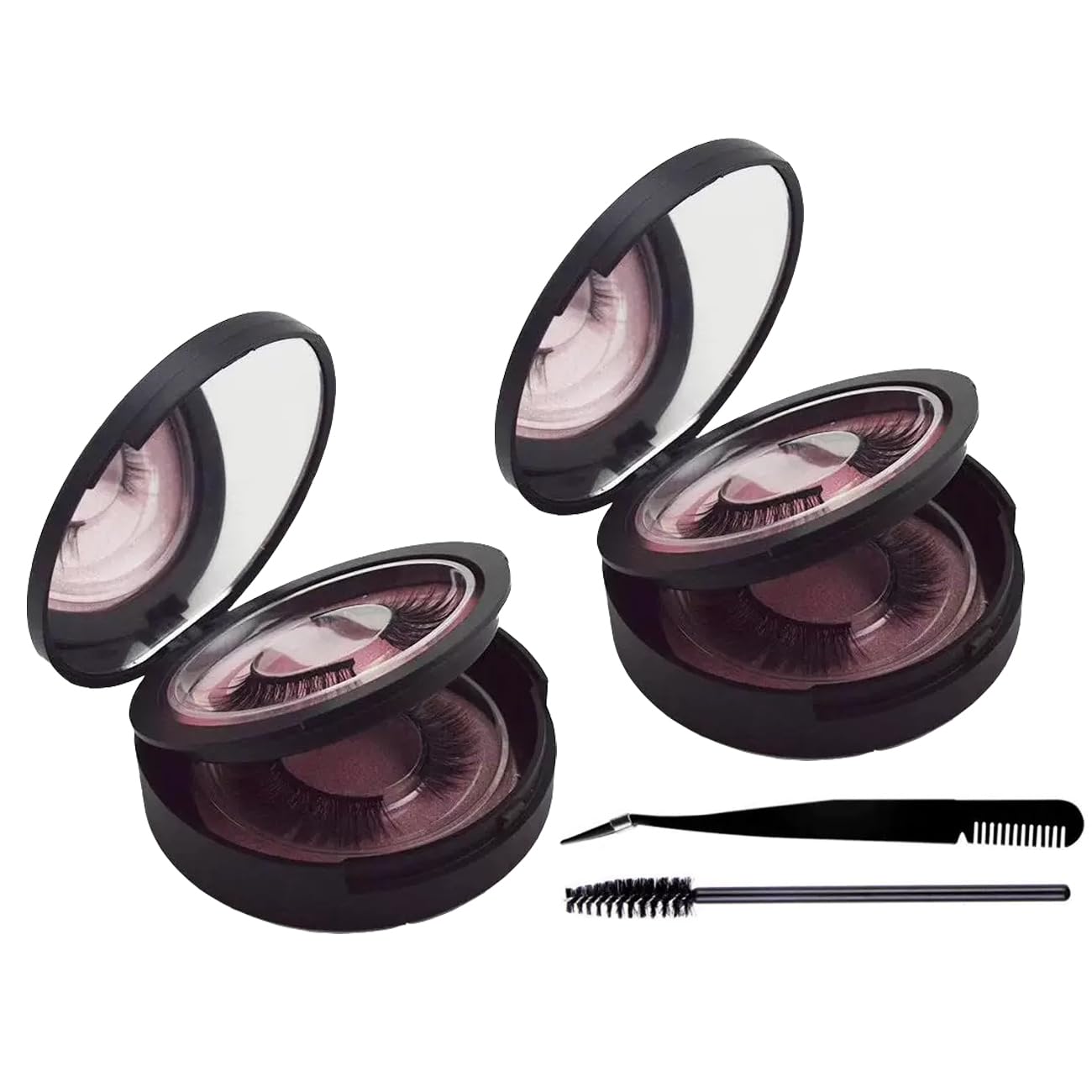 2 PCS Eyelash Storage Case with Mirror – 2-Layer Circle Lash Box, Travel-Friendly Organizer with Lash Holder & Disposable Mascara Brushes (Black)