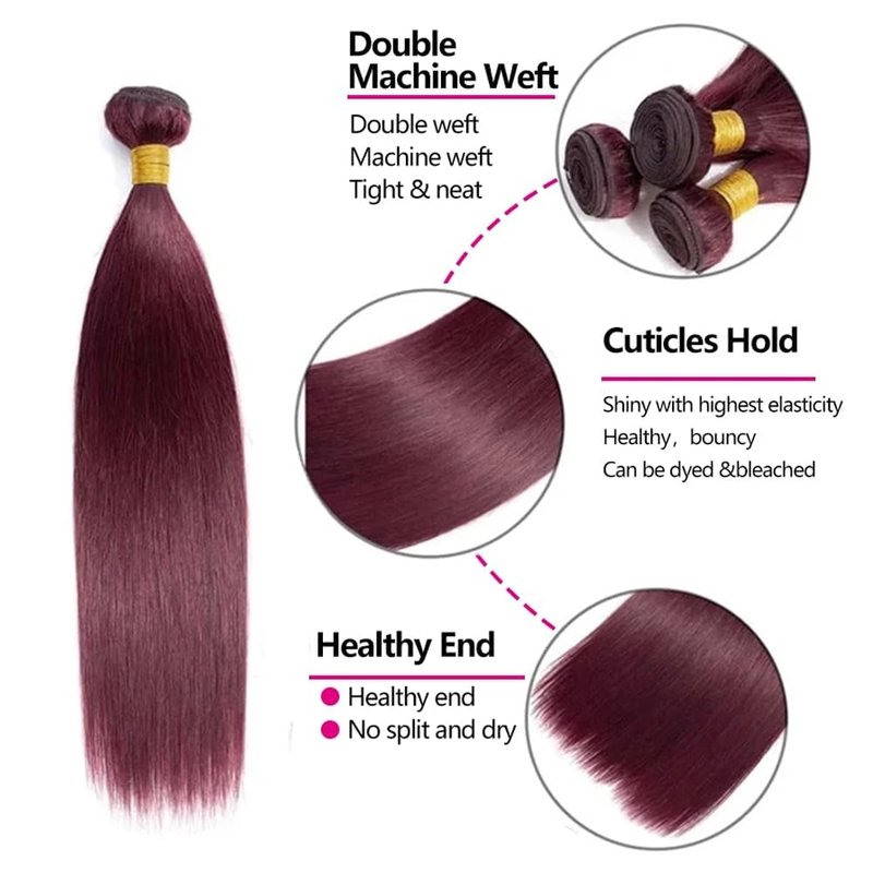 Burgundy 3 Bundles Human Hair - Straight Brazilian Hair | 12, 14, 16 Inch Unprocessed Wine Red