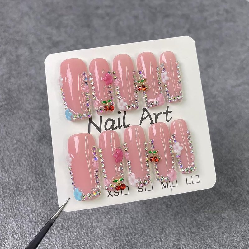 Handmade Press-On Nails - Long Square Acrylic Nails with 3D Cherry Rhinestones & Flower Designs | Pink Sparkly French Tips, 10pcs (Size M)