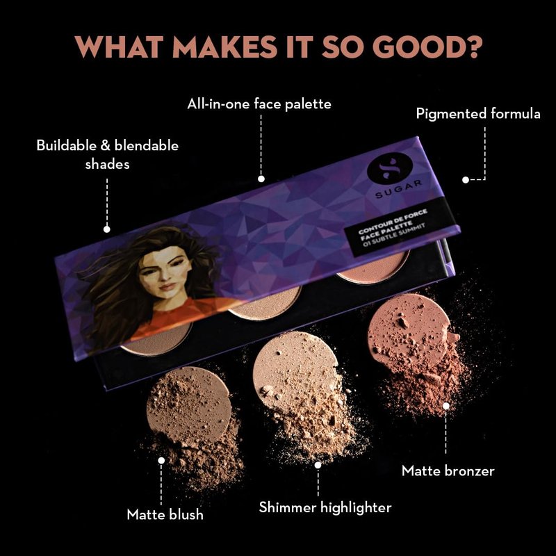 SUGAR Cosmetics Contour De Force Face Palette for Makeup Includes Matte Bronzer, Highlighter & Blush Makeup Palette with Built-in Mirror - 2 g (Pack of 1) 01 Subtle Summit - Face Pallete
