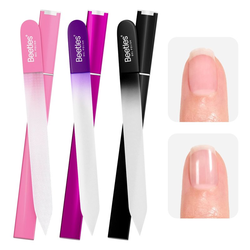 Beetles Glass Nail File for Natural Nails 3 Pack – Double-Sided Crystal Nail Files with Case Etched Gentle Nails Care for Shaping & Polishing Manicure, Washable Reusable Glass Fingernail Files