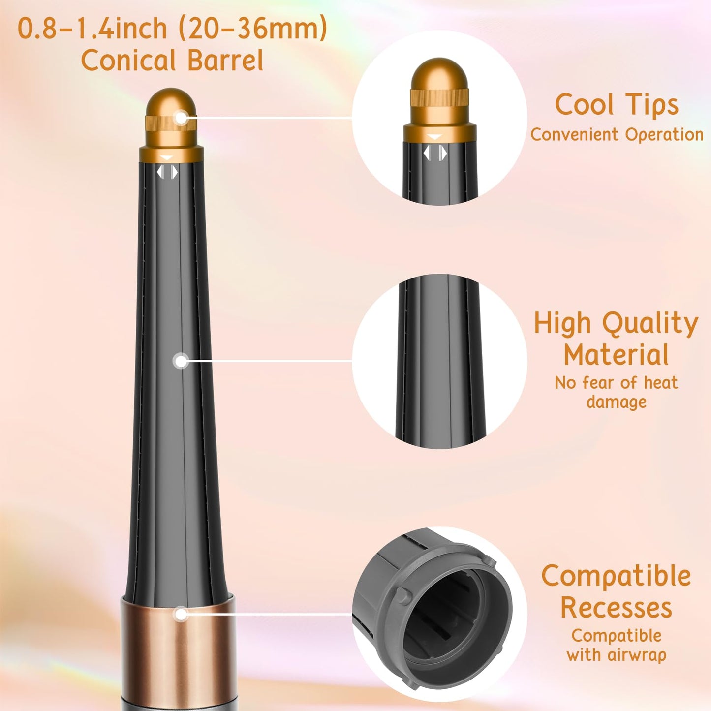 ZEPHBLOW Hair Long Conical Barrel for Dyson Airwrap, 0.78-1.4Inch/ 20-36mm Conical Long Curling Barrels Compatible with Airwrap HS01/05/08, Self-Curling Hair Roller Curlers Attachment, Gold