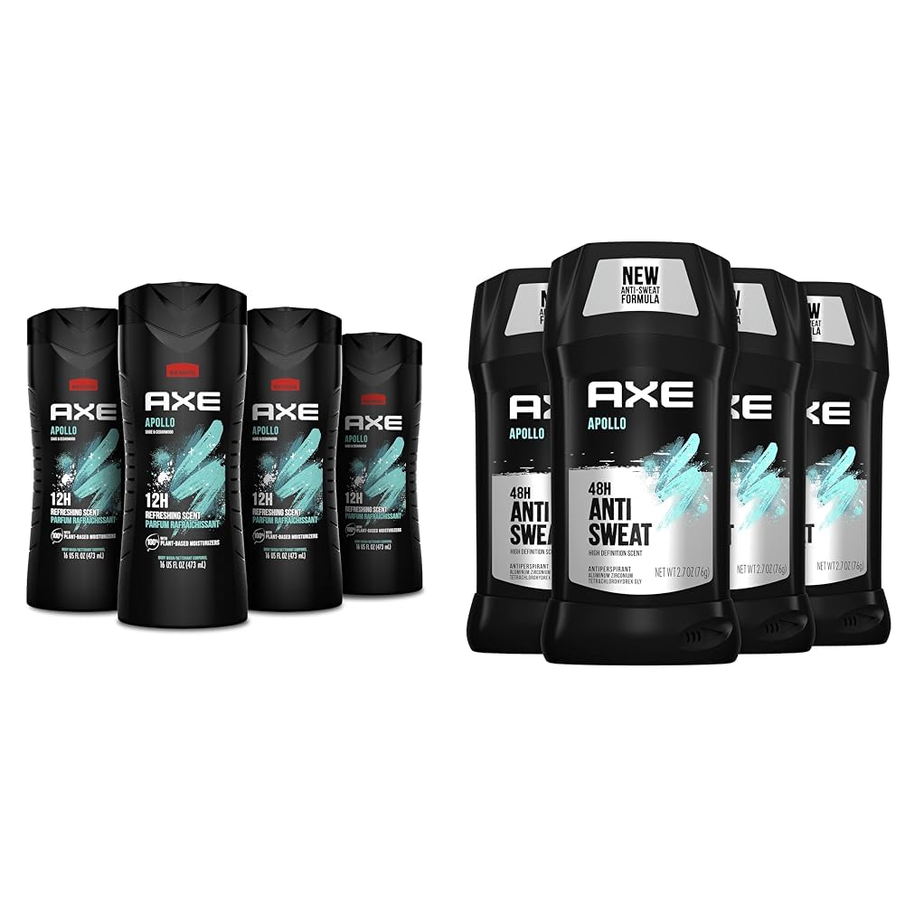 AXE Body Wash Apollo 4 Count for Long Lasting Freshness Sage & Cedarwood Men's Body Wash & Apollo Antiperspirant Deodorant Stick For Men Sage & Cedarwood 48 Hr