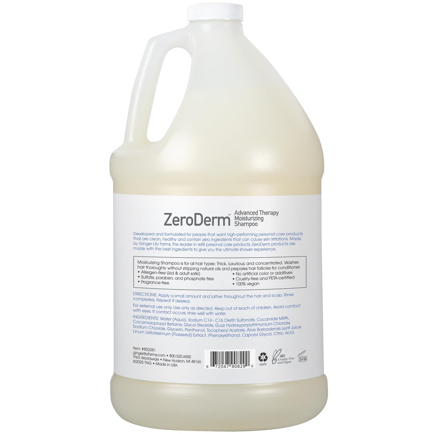 Ginger Lily Farms Botanicals ZeroDerm Advanced Therapy Moisturizing Shampoo for All Hair Types, 100% Vegan & Cruelty-Free, Fragrance Free, 1 Gallon (128 Fl. Oz.) Refill