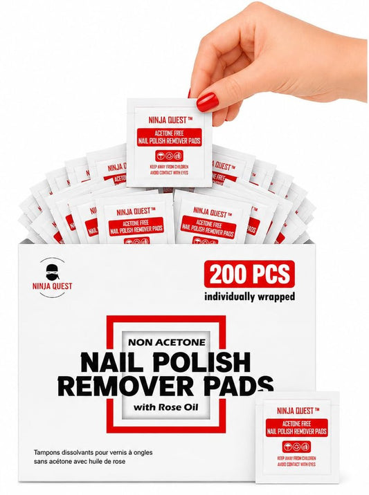 Nail Polish Remover Pads 100% Non Acetone - 200 Pack of Individually Wrapped Bulk Set Gel Nail Polish Remover Wipes - Fingernail Travel Kit to Clear Nail Polish for Home & Professional Removal