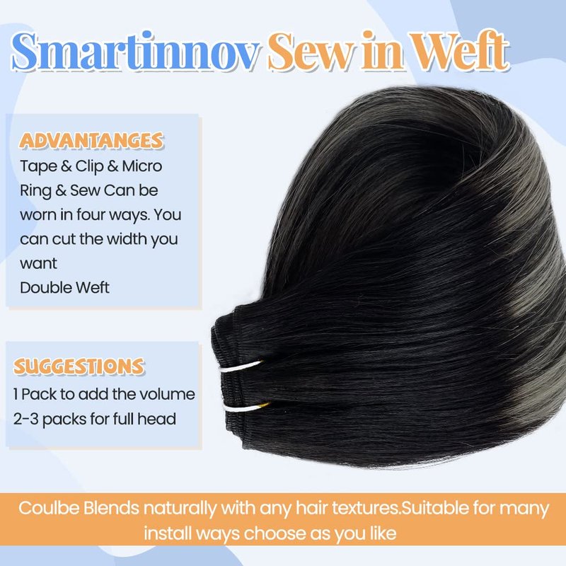 Silver Sew in Hair Extensions 14 Inch 80Gram Weft Hair Extensions Balayage Human Hair Extensions Hair Wefts Color #1B/Silver/1B Off Black Mixed with Silver Remy Straight Hair Weave Bundles Real Hair